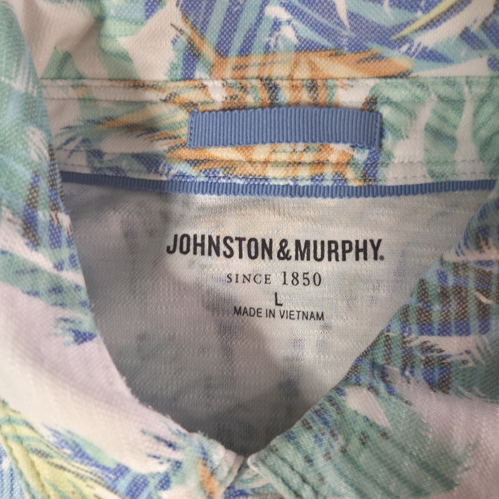 Johnston & Murphy Mens Large Polo Shirt Tropical Palm Tree Short Sleeve Blue - Picture 3 of 8